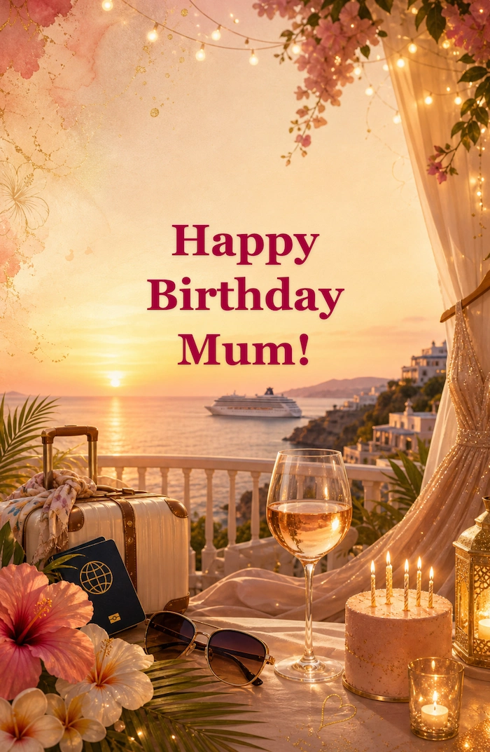 Example AI-generated birthday card with a bright travel theme